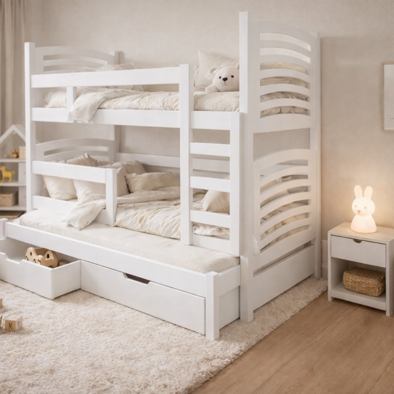 Łóżko piętrowe OLEK szczebelki - biel
